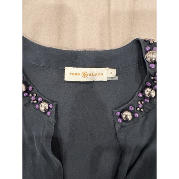 Tory Burch Mezair Embellished 100% Silk Blouse Old Money Black Size 2 Ruffles - Picture 3 of 6